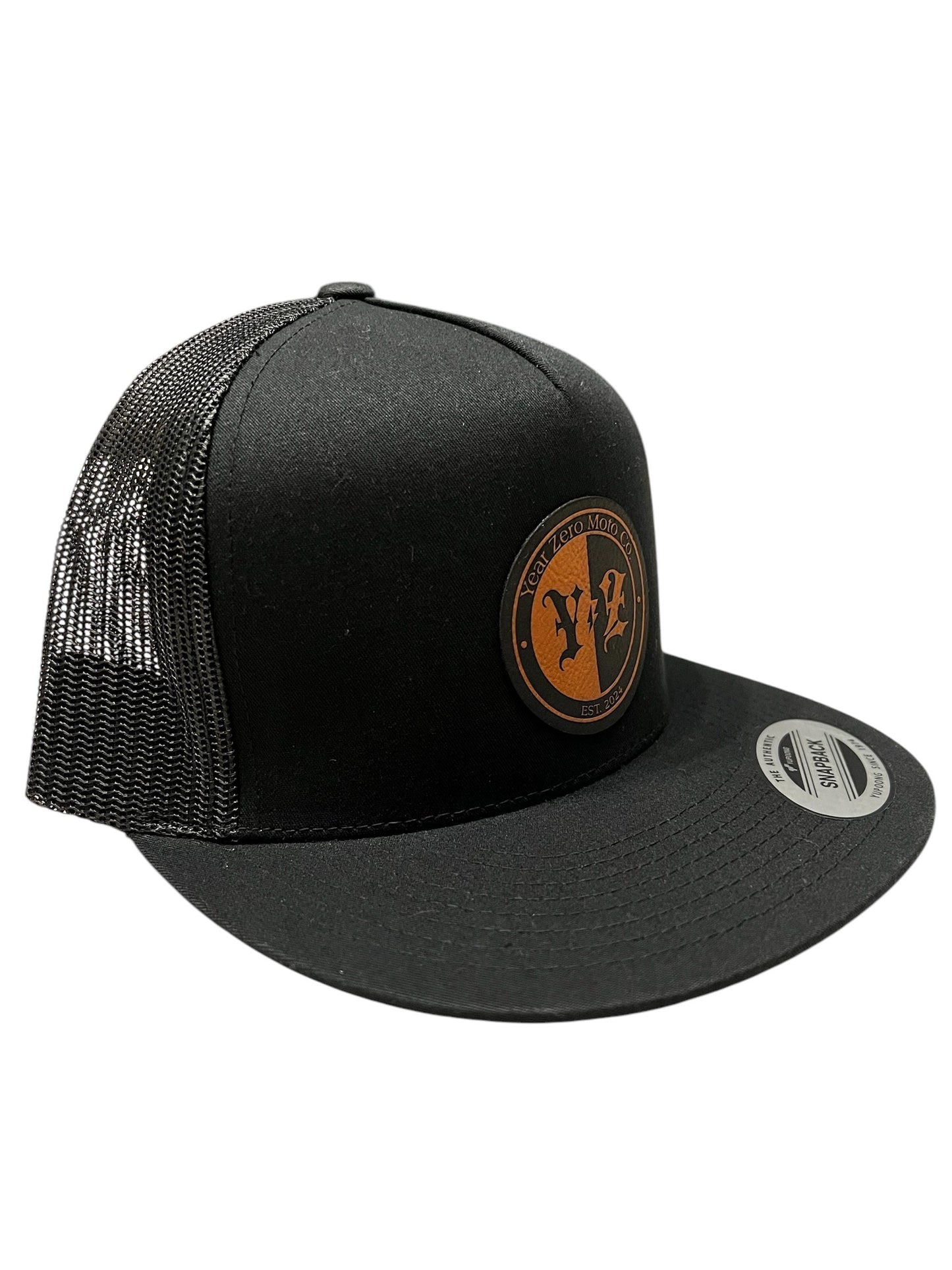 YEAR ZERO MOTO SNAPBACK (Black With Tan Leather Patch) OSFA