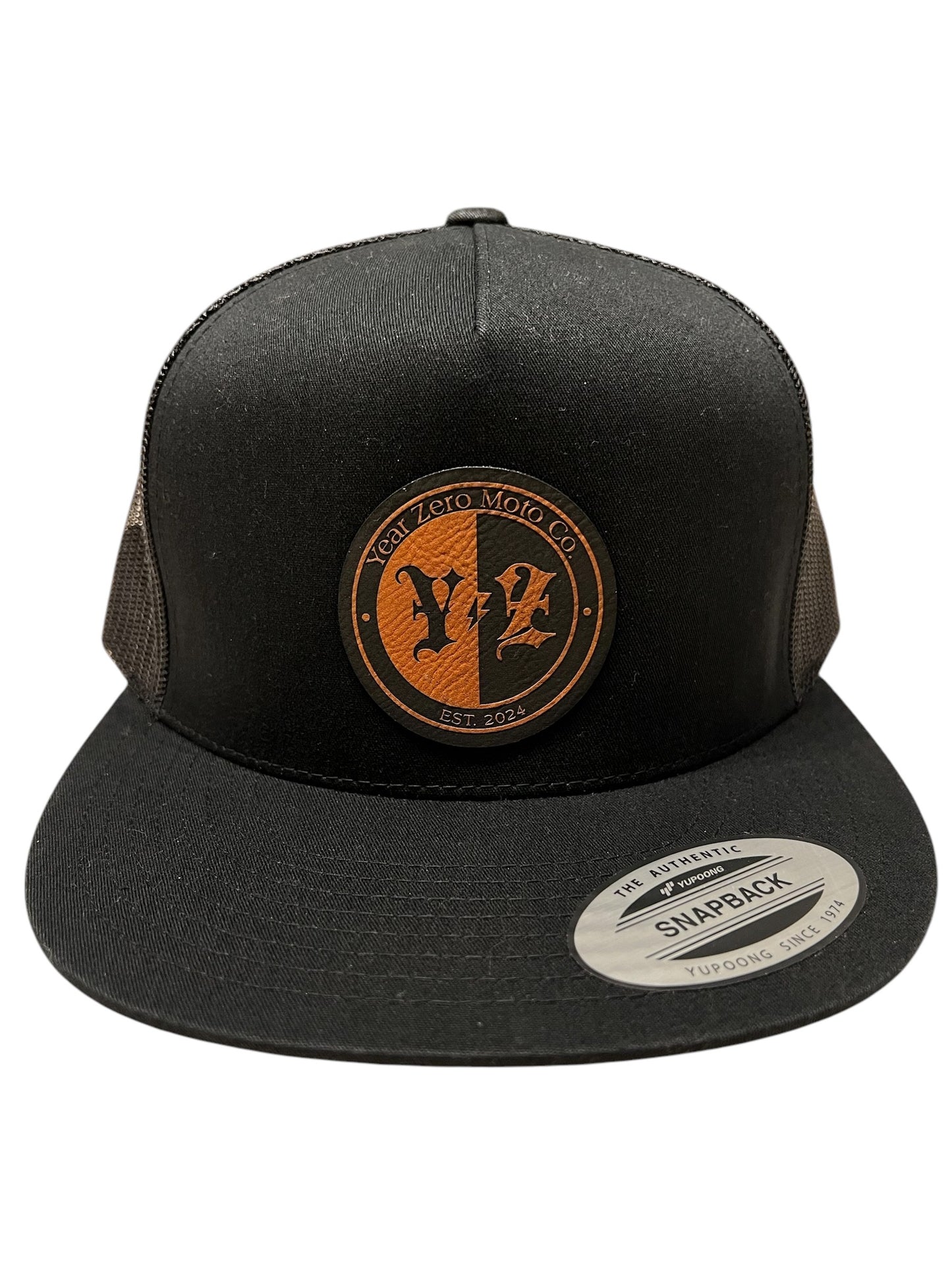 YEAR ZERO MOTO SNAPBACK (Black With Tan Leather Patch) OSFA