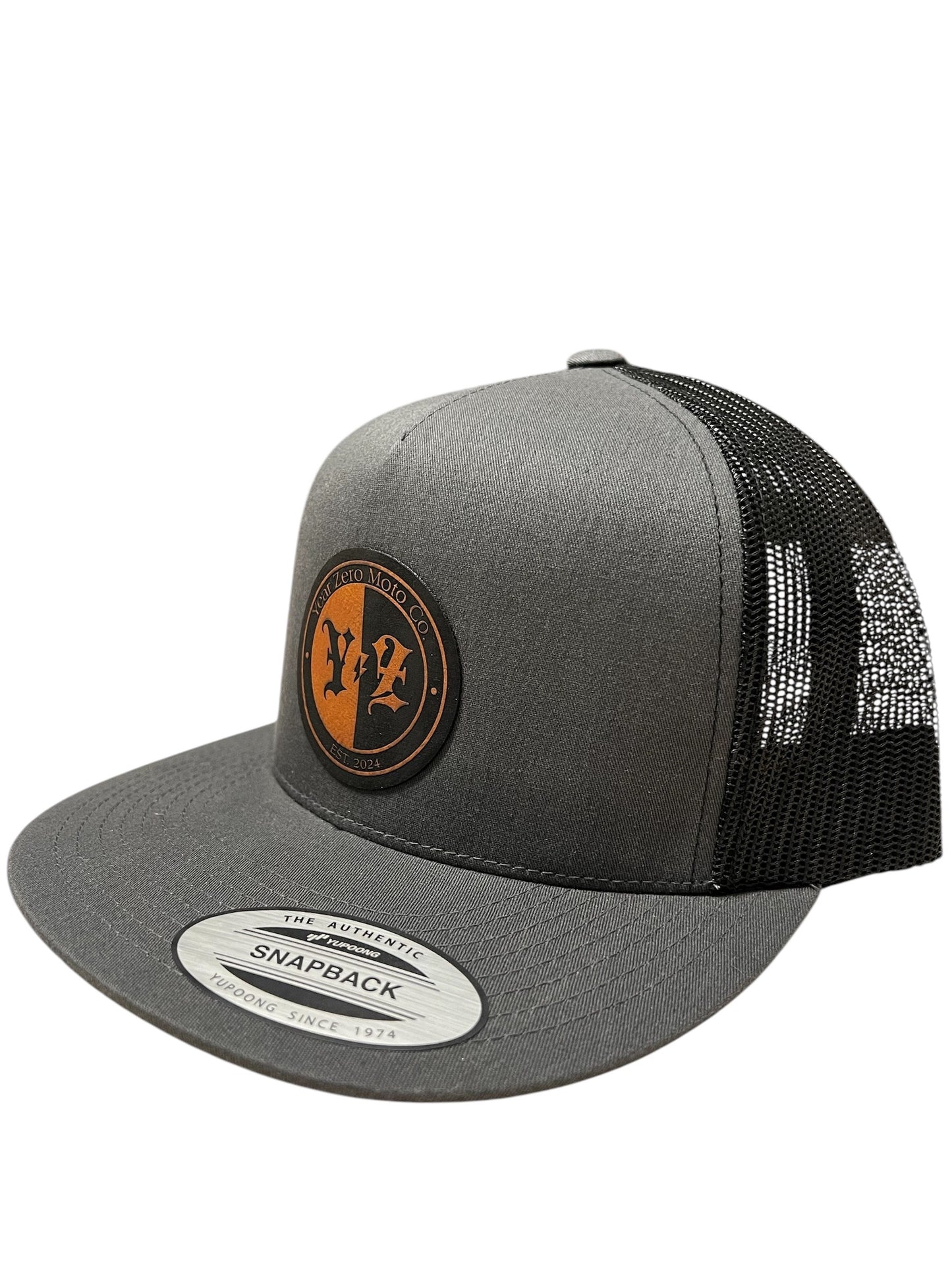 YEAR ZERO MOTO SNAPBACK (Grey With Tan Leather Patch) OSFA