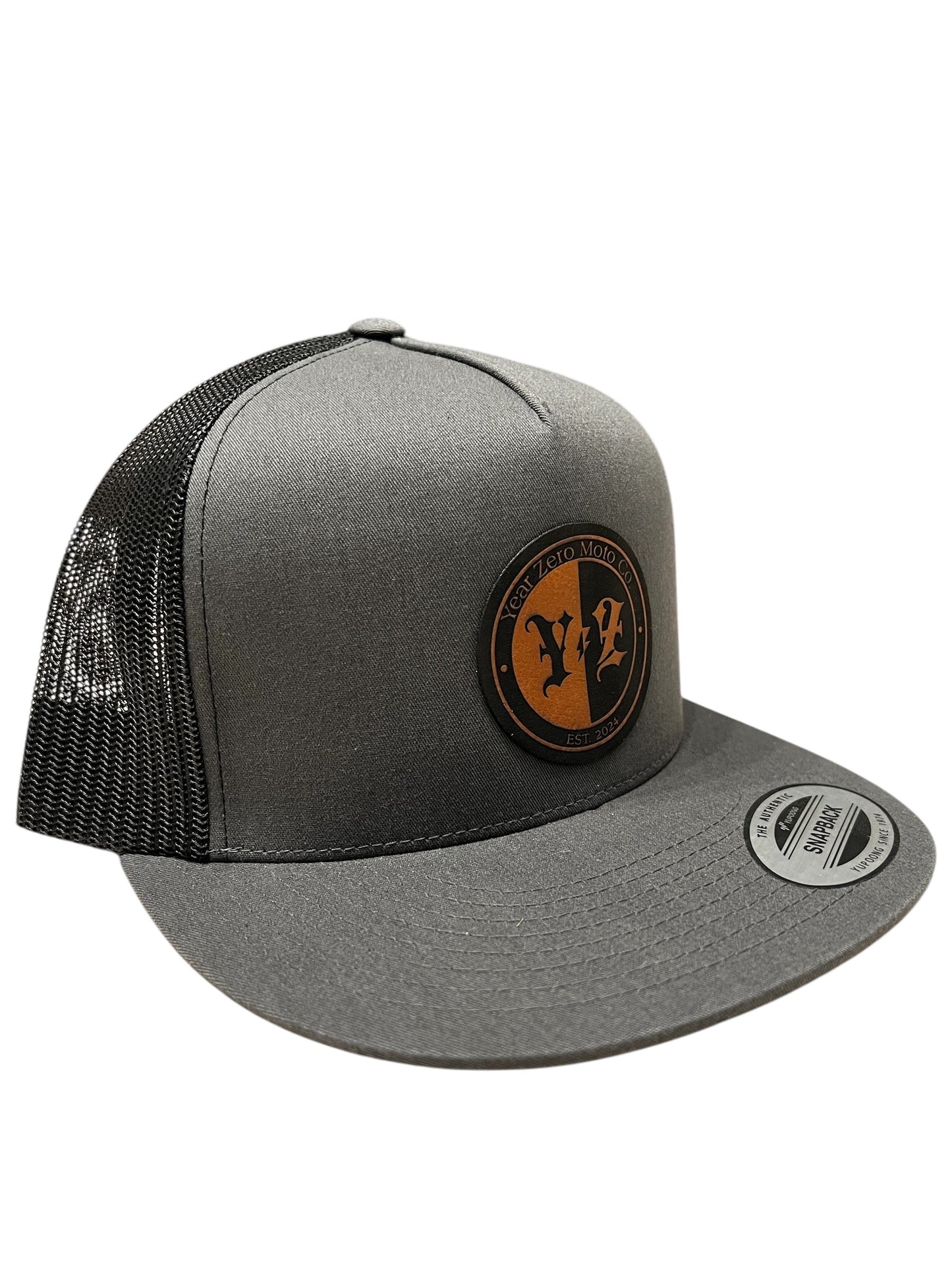 YEAR ZERO MOTO SNAPBACK (Grey With Tan Leather Patch) OSFA