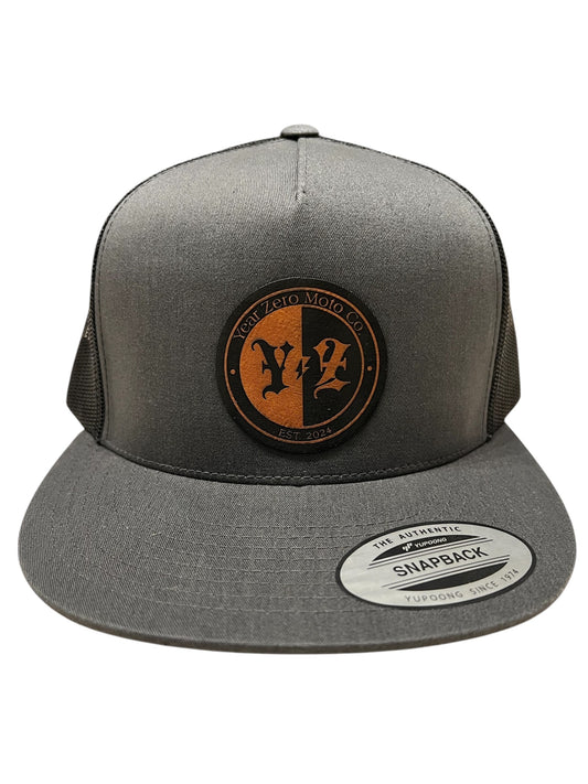 YEAR ZERO MOTO SNAPBACK (Grey With Tan Leather Patch) OSFA